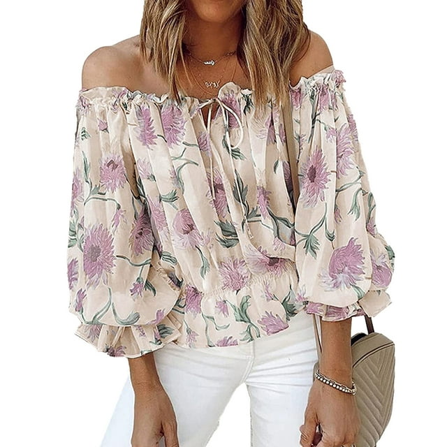 Blusa Con Hombros Descubiertos, Blusa Con Estampado Floral, Cuello En V Suelto, Suave Y Elegante Para Actividades Al Aire Libre Para El Trabajo De Oficina ANGGREK Albaricoque S