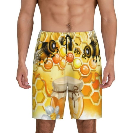 Kdxio Honey Bee Print Mens Sleep Shorts Bottoms Soft Comfy Pajama Wear Pants with Drawstring Pockets