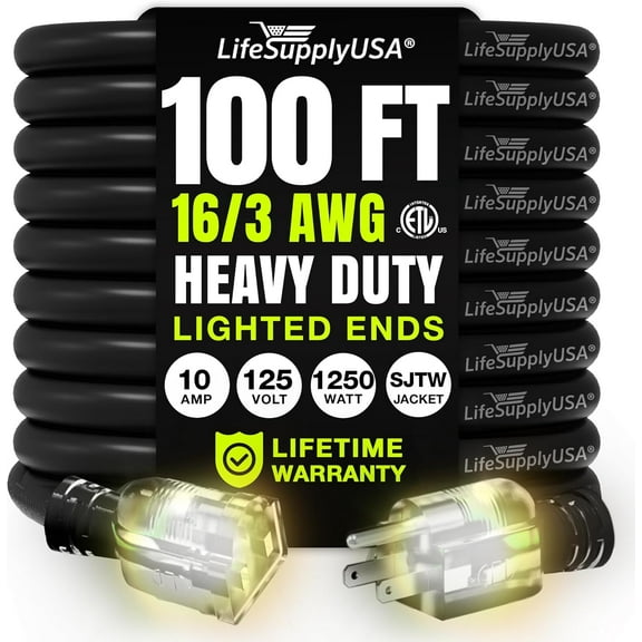 100ft Outdoor/Indoor Extension Cord 16/3 Gauge Heavy Duty 3 Prong SJTW, Waterproof, ETL Listed, Flexible Cold-Resistant Long Power Cord,125 Amp 1250W, Black by LifeSupplyUSA