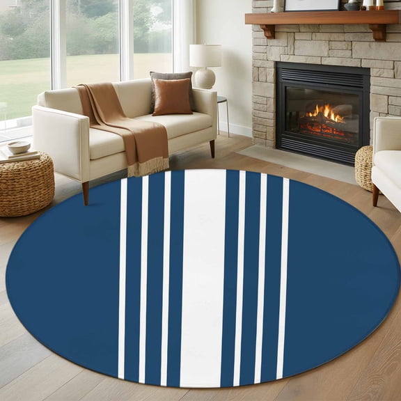 Round Area Rug 8 Ft, Navy Blue White Stripe Washable Non-Slip Circle Carpet for Living Room/Bedroom, Modern Rustic Vertical Striped Collection Low-Profile Large Area Rugs for Indoor