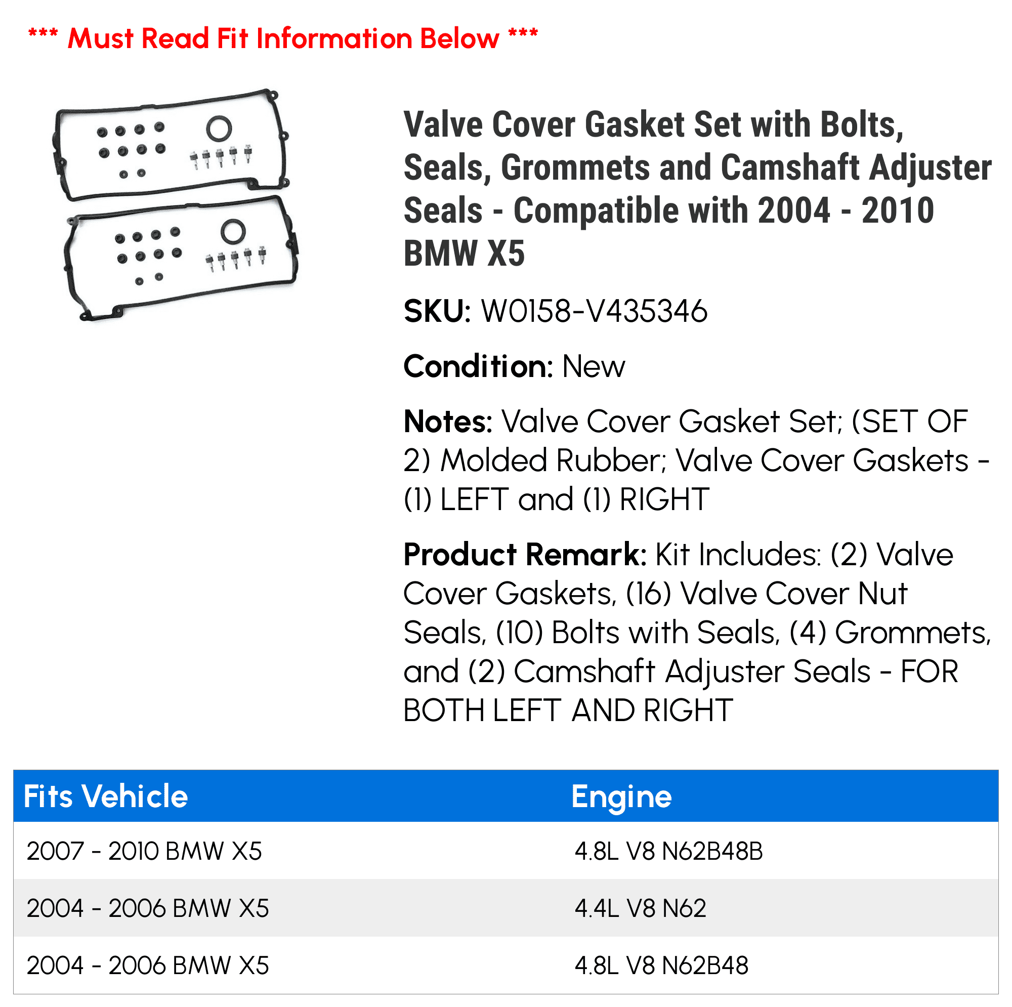 Valve Cover Gasket Set with Bolts, Seals, Grommets and Camshaft Adjuster Seals - Compatible with 2004 - 2010 BMW X5 2005 2006 2007 2008 2009