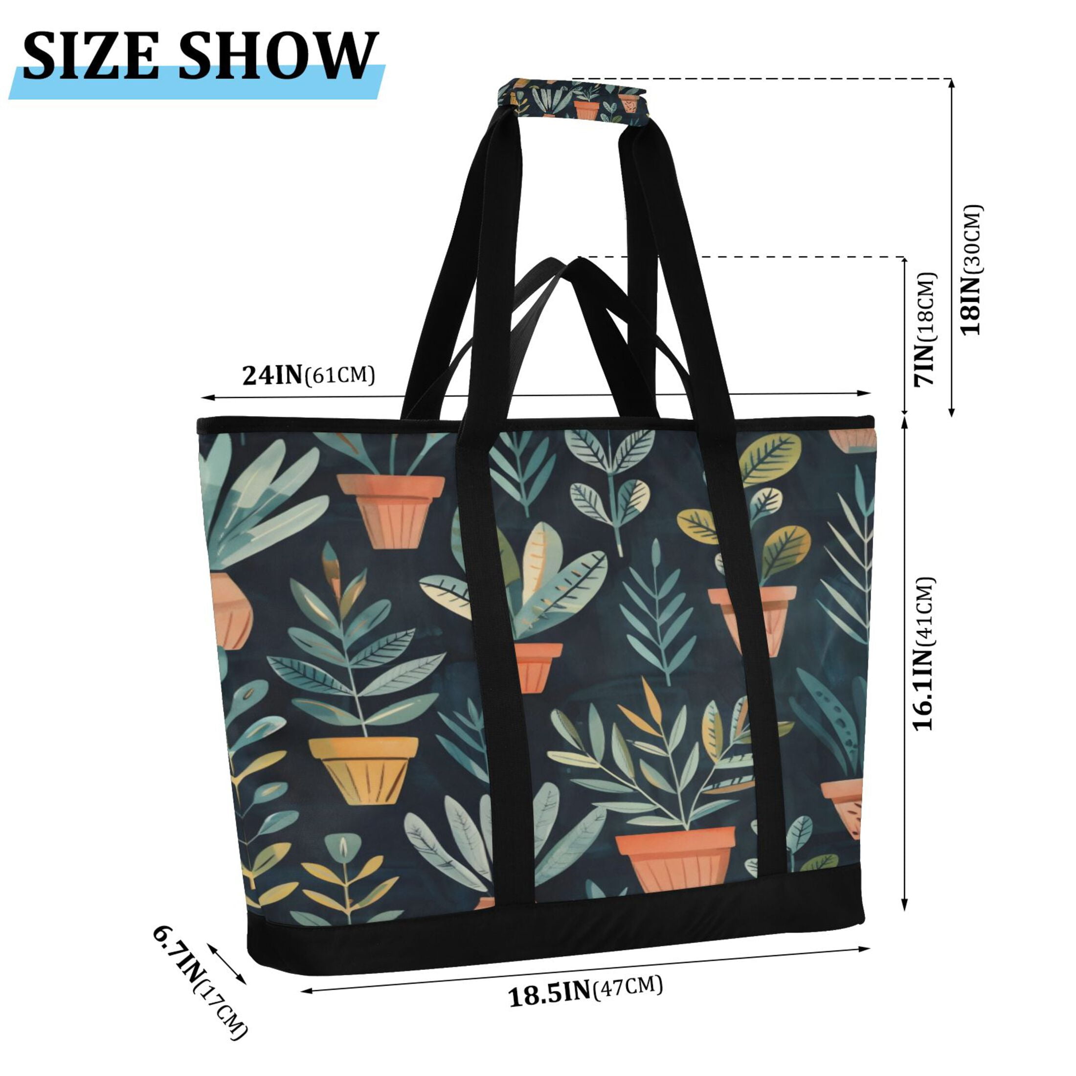 Large Hand-held Ice Pack Picnic Bag Insulation and Refrigeration Suitable for Shopping Picnics and Camping Dark Green Plants