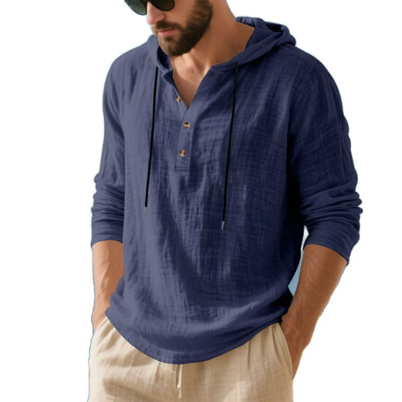 Atogsazn Men's Linen Hoodies Casual Button Long Sleeve Hoodie Shirt Pullover Tops Clothes with Drawstring Navy M Fashion