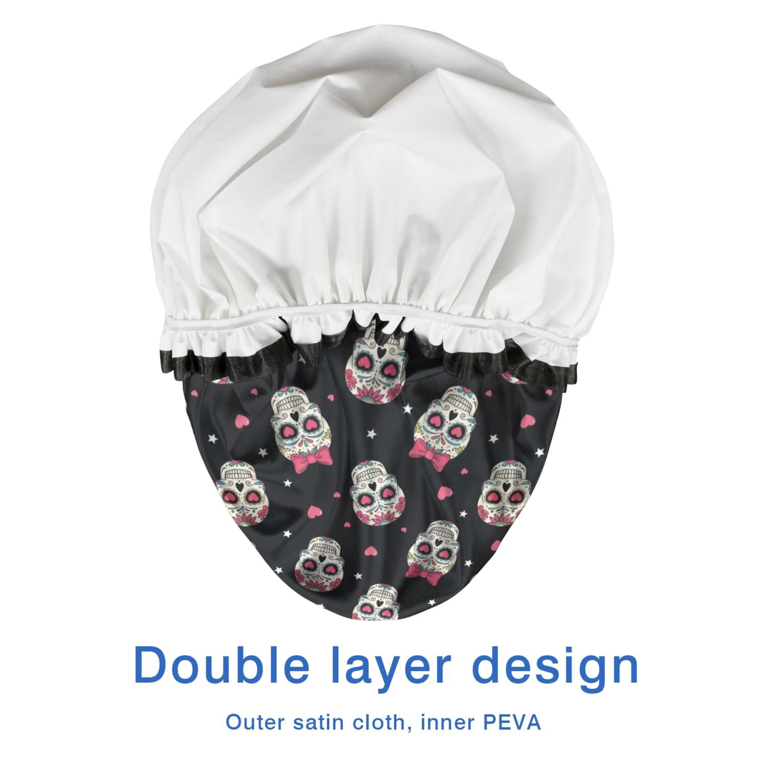 Shower Caps,Black Pink Skull Pattern Waterproof Shower Cap for Women 4 Pieces,Double Reusable Hair Cover for Shower PEVA Elastic Stretch Hem