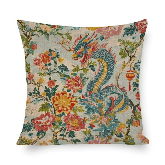 Pillowcase Farm Decorations Pillow Case Chinoiserie Dragon Asian Pillow Cover Chinoiserie Dragon And Flowers Cute Throw Pillows Decorative Couch Pillow Cover for Sofa 16"x16"