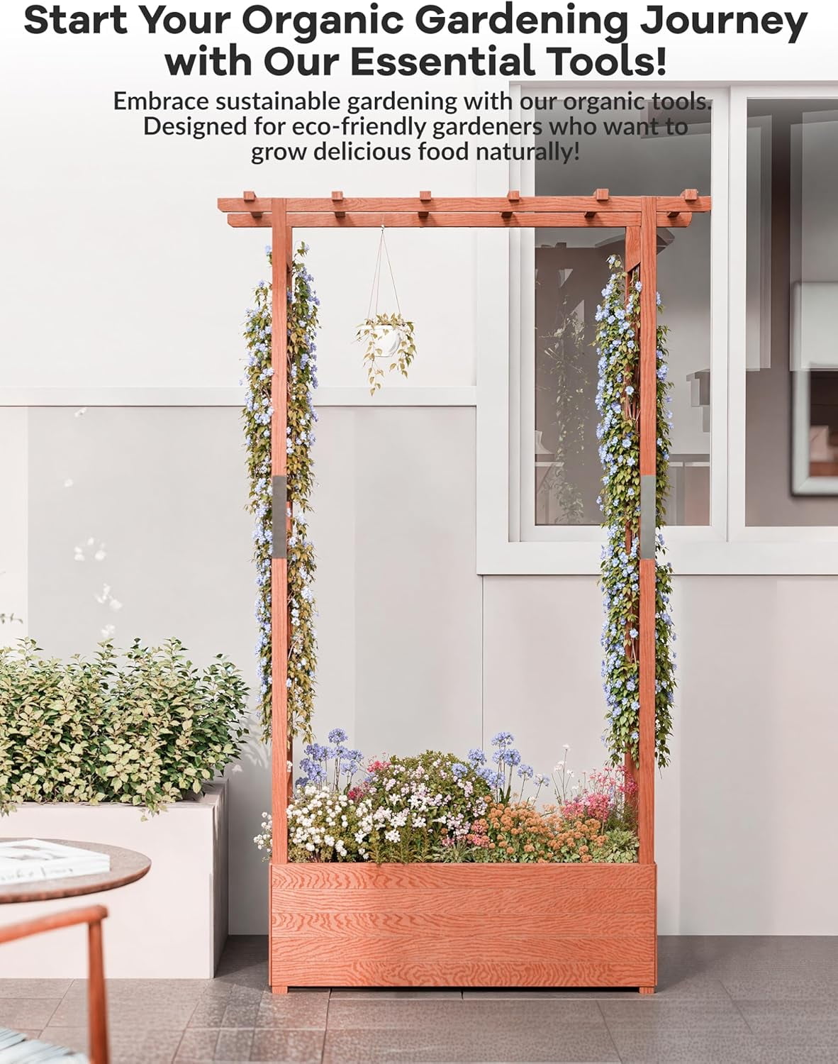 Riedhoff Wooden Raised Garden Bed with Trellis, Hanging Roof & Side Trellis, 43 x 17 x 72"