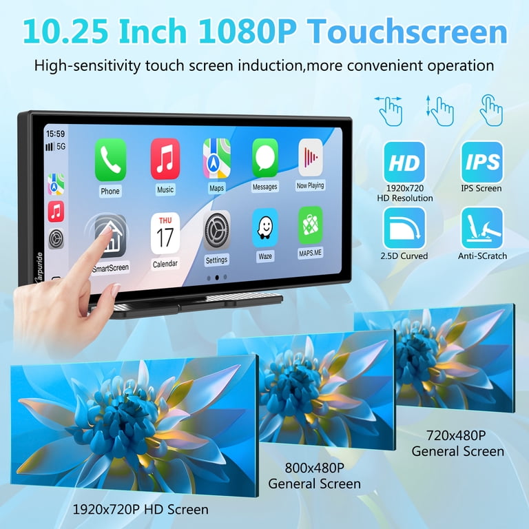 Carpuride W125P Écran CarPlay avec Net-flix Youtube, sans Fil Carplay & Android Auto, 11,26 HD Tactile Écran, 1080P Recul Caméra, Android OS, Écran Partagé, OTA, Navigation, Bluetooth/FM/AUX, Siri
