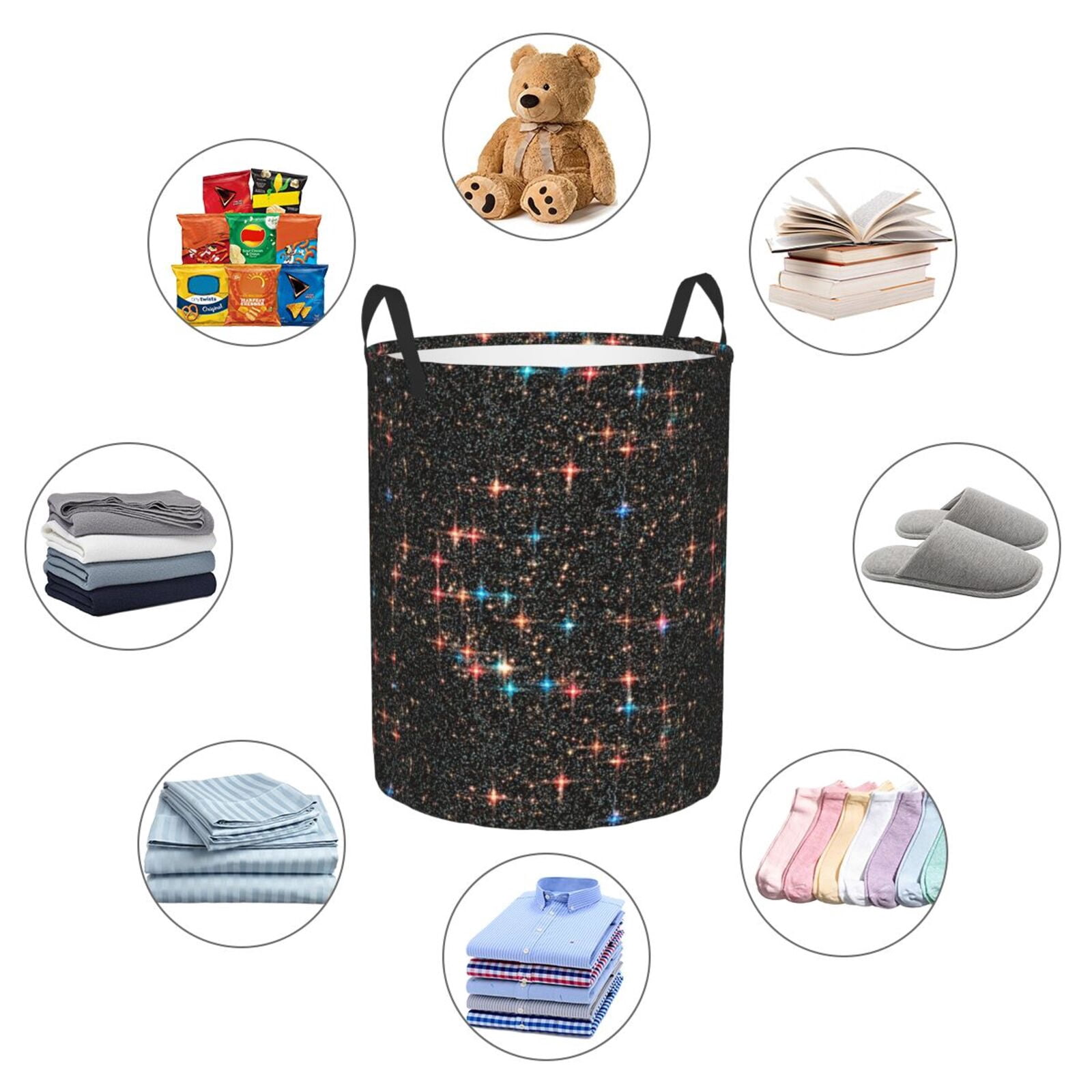 Large Laundry Basket with Handles - Glitter galaxy sky night black starry Kids Baby Dirty Clothes Laundry Hamper for Bedroom Aesthetic
