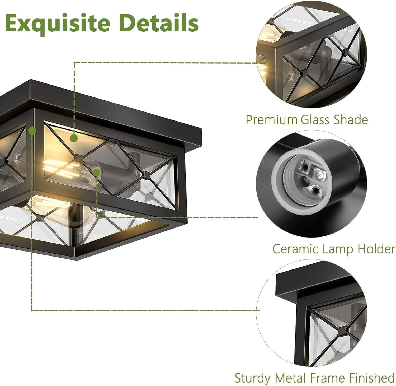 Farmhouse Light Fixtures Ceiling Mount 2-Light Black Flush Mount Ceiling Light with Clear Glass Shade Metal Cage Square Ceiling Lamp for Bathroom Kitchen Porch (Bulbs Not Included)