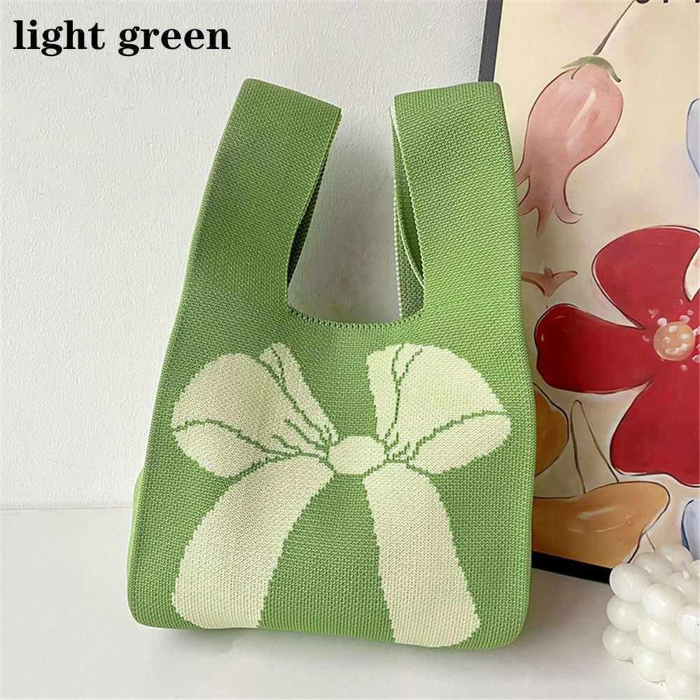 Reusable Handmade Bow Tie Wrist Bag Tote Bag Shopping Bags Knit Handbag LIGHT GREEN