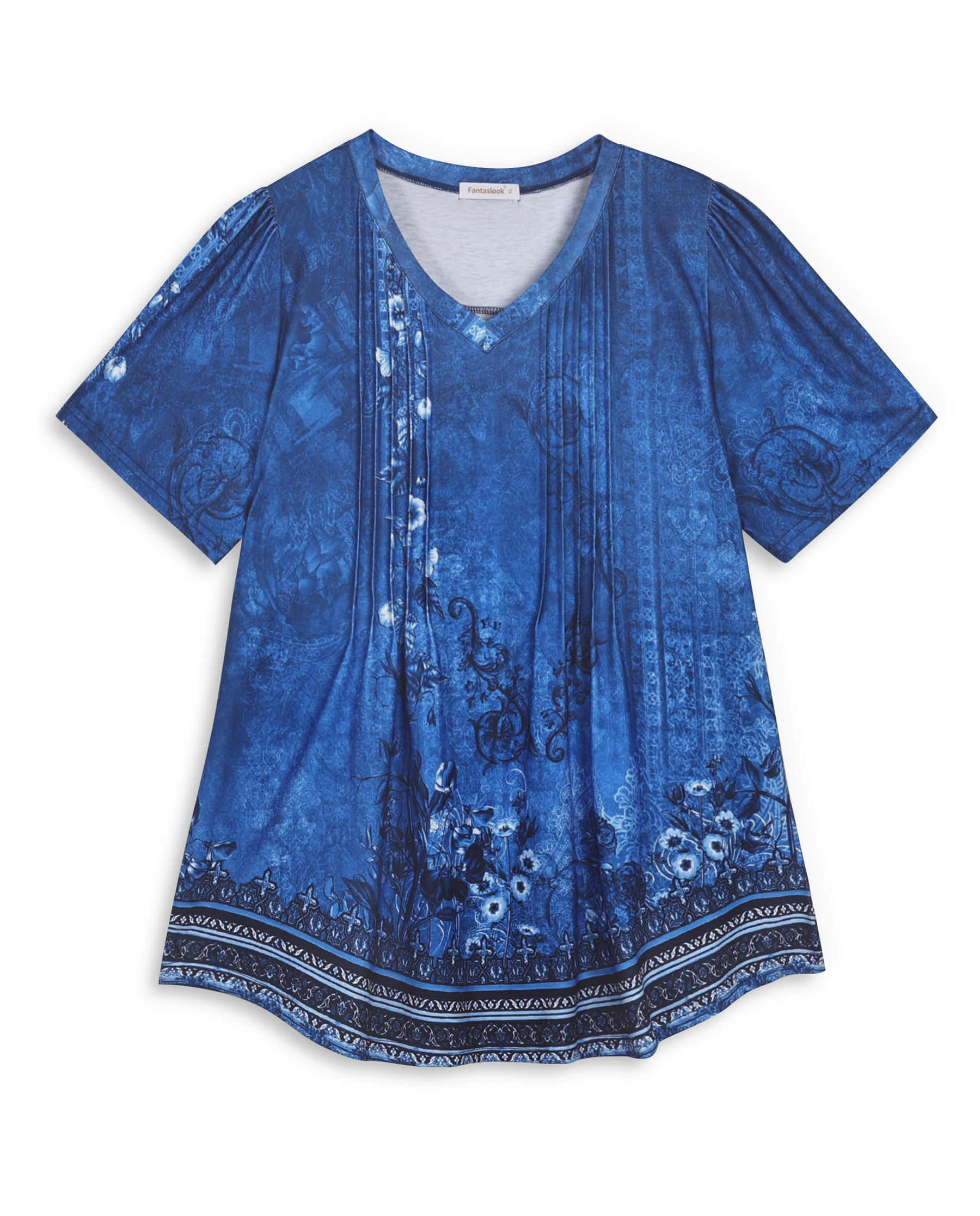 Fantaslook Women's V-Neck Pleated Boho Blouse, Blue Floral photo 8