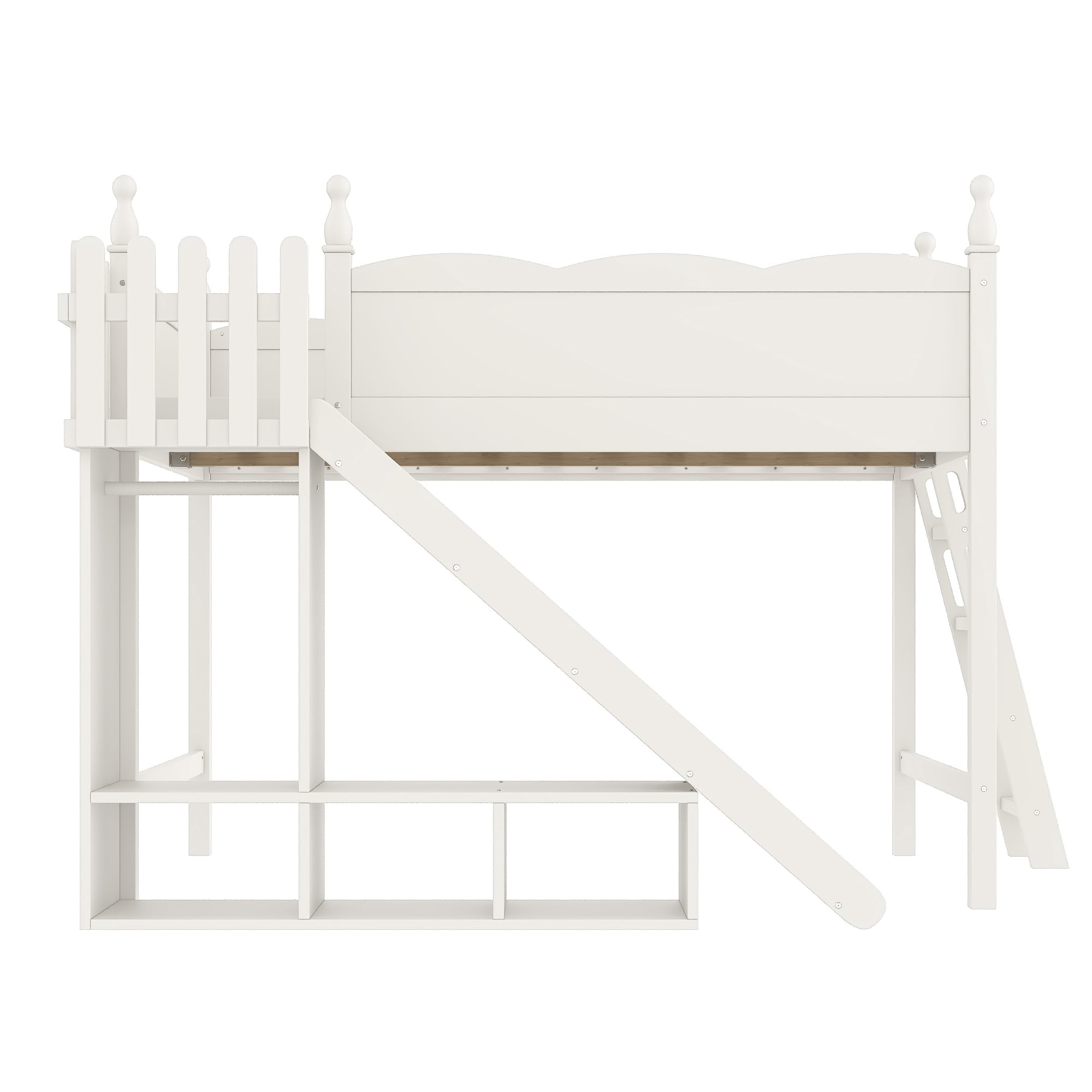 Leumius Queen Loft Bed Frame with Storage Shelves and Wardrobe, Solid Wood Loft Bed with Detachable Slide and Ladders for Kids Teens Adults Beige