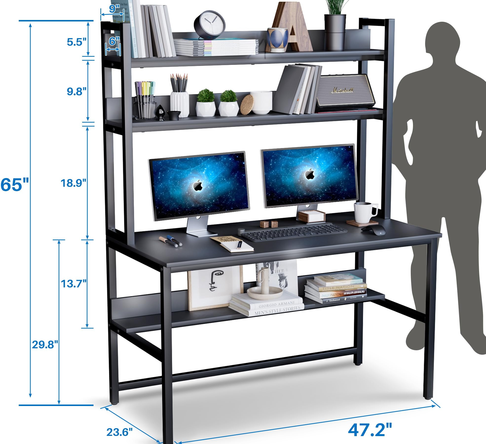 Aquzee Computer Desk with Hutch and Bookshelves, Large Leg Room 47 inch Width Black Desk with Space Saving Storage Shelves for Home Office