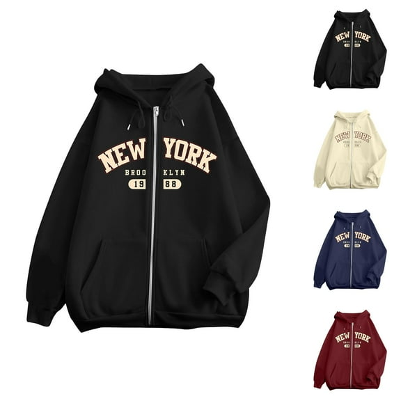 New York Brooklyn Hoodies for Women 2025 Long Sleeve Zip Up Hooded Sweatshirt with Pockets Jacket Coat