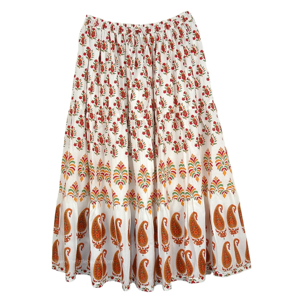TLB Full Cotton Summer Long Skirt in White with Floral Print