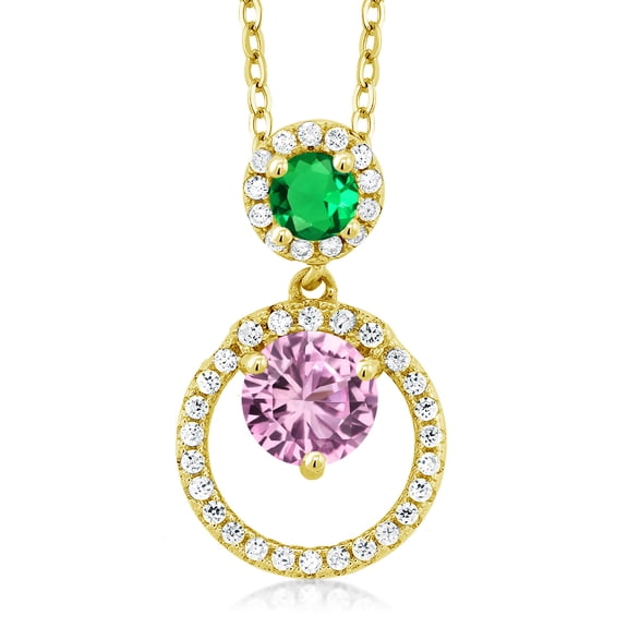 Gem Stone King 18K Yellow Gold Plated Silver Pink Created Sapphire and Green Nano Emerald Pendant Necklace for Women (1.90 Cttw, Gemstone September Birthstone, Round 6MM and 4MM)