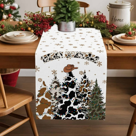 Burlap Table Runner 36 Inches Long,Merry Christmas Tree Cow Texture Non-Slip Kitchen Table Runners for Dining Room Everyday Use Party Table Decorations Western Cowboy Hat Snowflakes