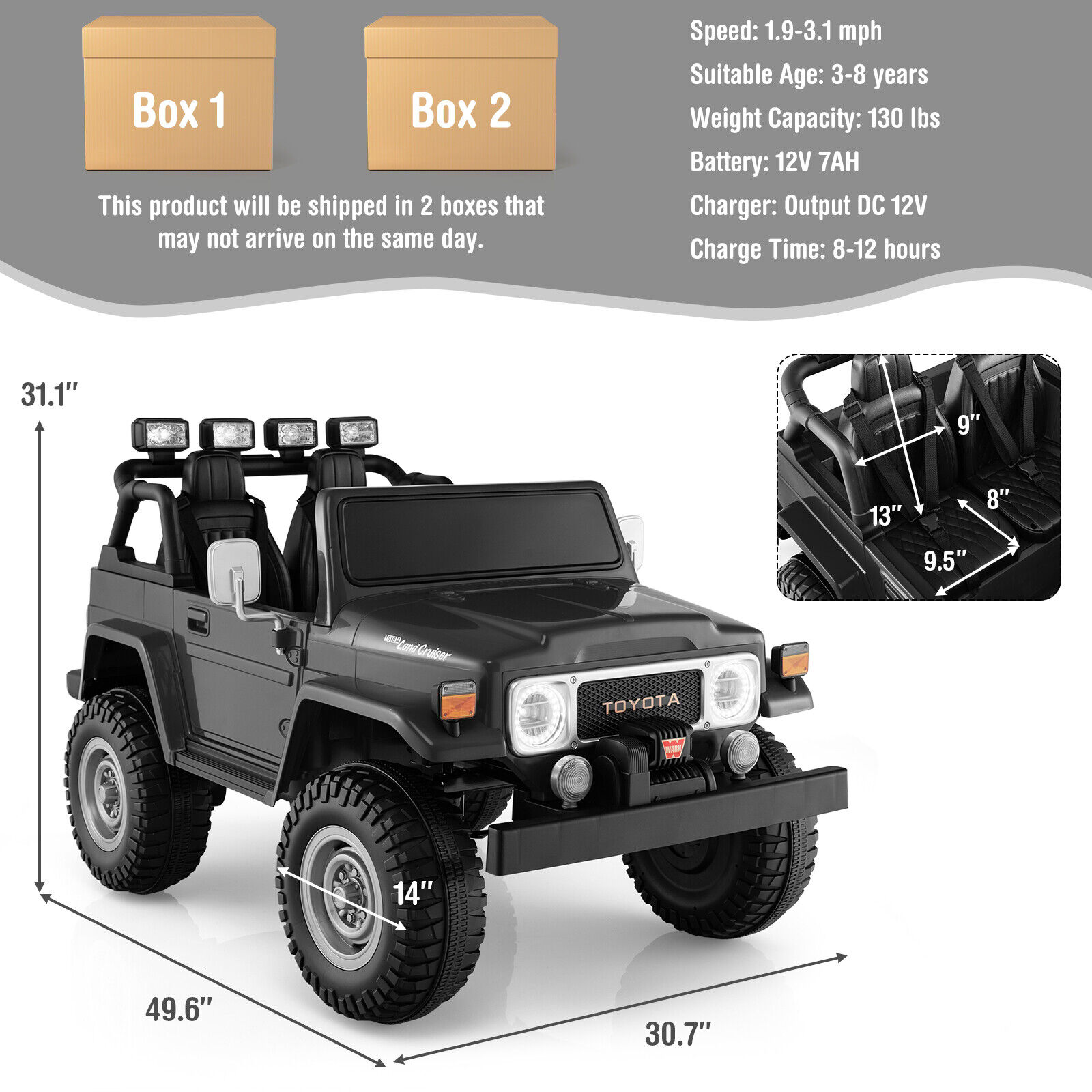 Gymax 2 Seater Ride On Truck Car 12V Licensed Toyota FJ40 RC w/ Laser Light & Music Black