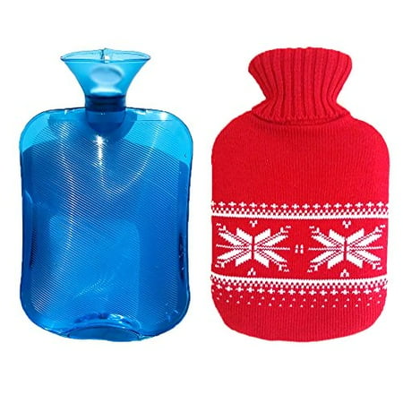 iCorer Premium Classic PVC Transparent Hot Water Bottle with Cute Knit Cover , 2 Liter , Red Snowflake