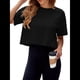thumbnail image 2 of Camiseta de Hombros Caídos para Mujer, Camiseta Corta de Media , Cuello Redondo, Corta, Tops Casuales de Verano Lisos. Negro L, 2 of 9