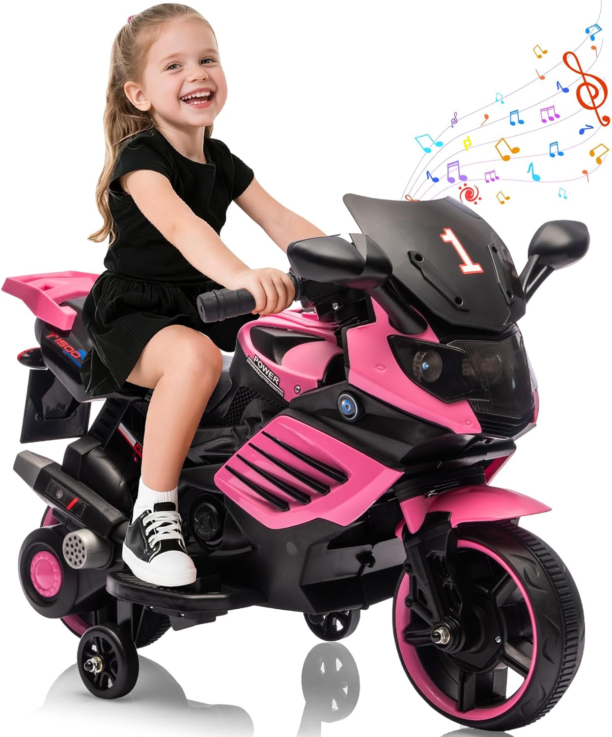 Trilenars 6V Motorcycle, Electric Ride On Car Toy with Training Wheels, Working Headlight, Horn & Music, Battery PoweRed Ride On Motorcycle Toy for Ages 3-6,Light Pink