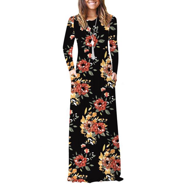 Vestido largo estampado floral manga larga cuello redondo cintura fruncida vestido de mujer con bolsillos laterales negro XL