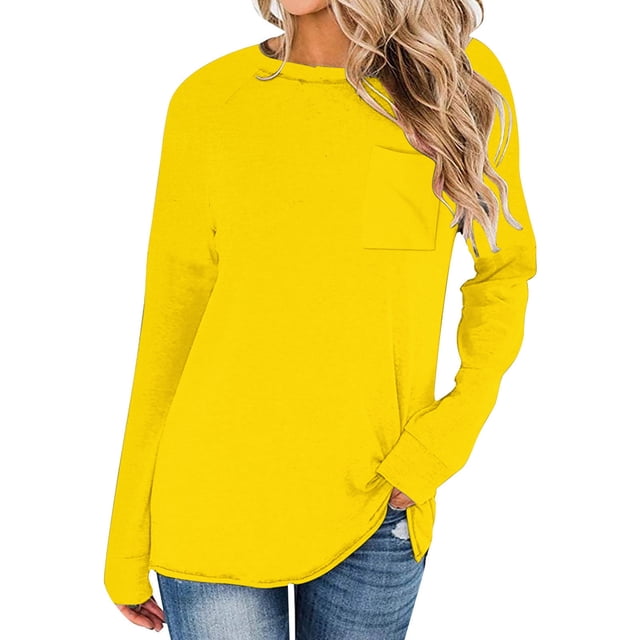 Vente Liquidation de Hauts pour Femmes! Hauts à Manches Longues pour Femmes 2025 Mode d'Automne Décontractée Chandail à Col Rond Chemise Ample Confortable Couleur Unie Hauts avec Poches Jaune G