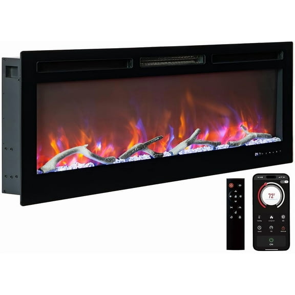 EcoSummer 50" Electric Fireplace Insert, Wall Mounted & Recessed Heater with WiFi & Remote, 13 Ember Colors, 12 Flame Colors, Adjustable Brightness, Thermostat & Timer, 1500W Indoor Wall Fireplace