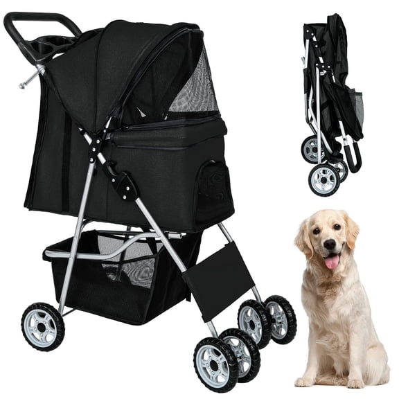 BestPet Pet Stroller Dog Cat Stroller Folding Lightweight Travel Stroller with Cup Holder (Black, 4 Wheels)