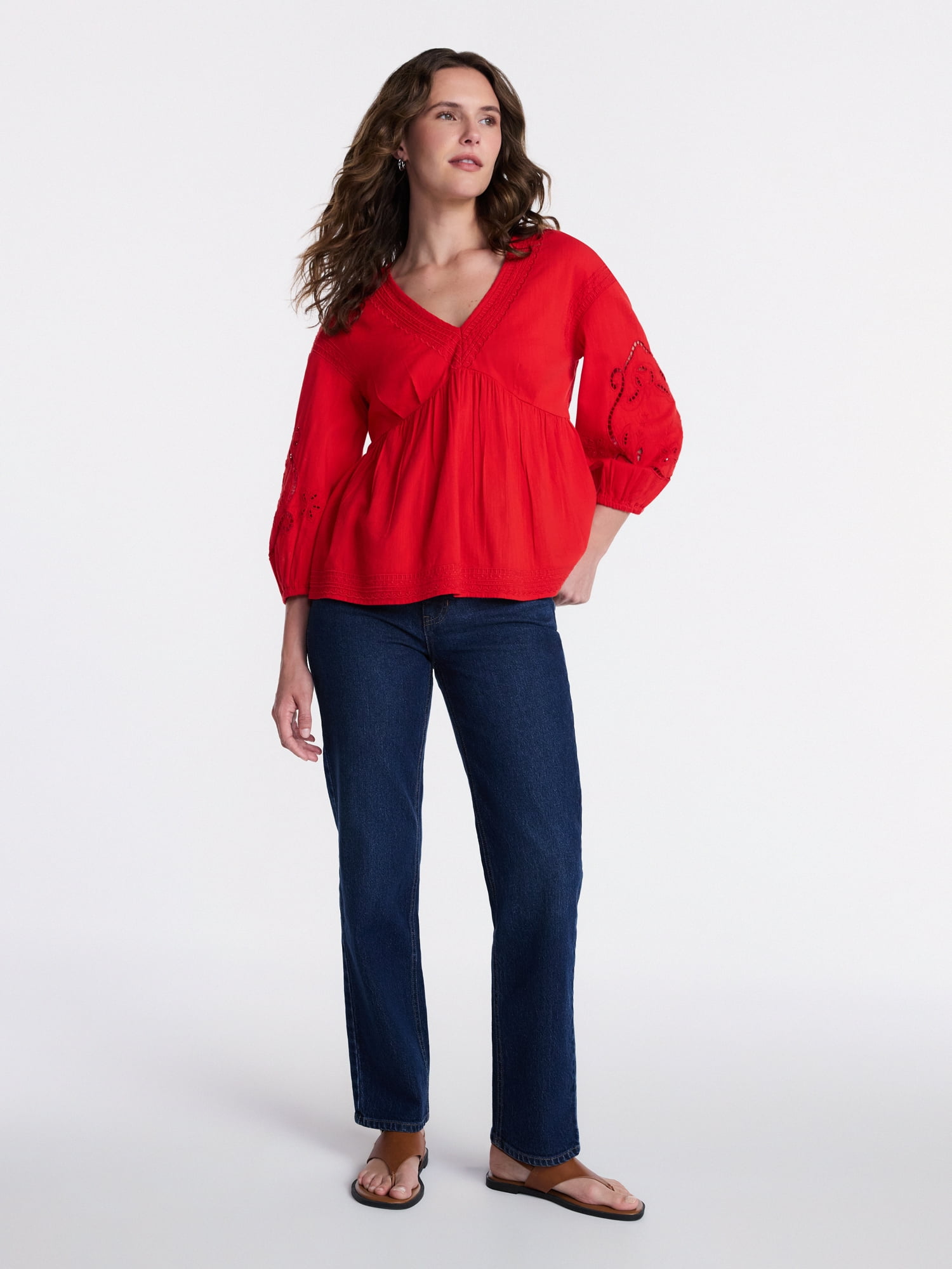 Time and Tru Women's Long Sleeve Poet Sleeve Broderie Anglaise Top, Sizes XS-XXXL