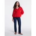thumbnail image 3 of Time and Tru Women's Embroidered Poet Blouse with Long Bishop Sleeves, Sizes XS-XXXL, 3 of 6