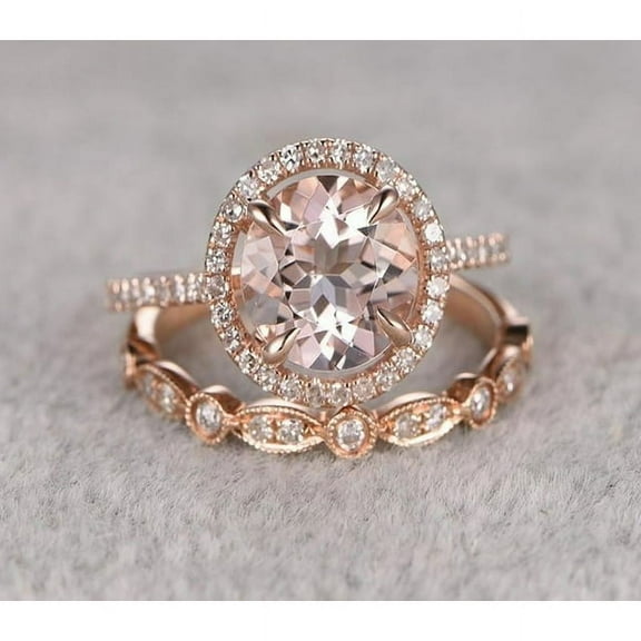 Dazzlingdaimonds Jewels 925 Sterling Silver 2.00 Ct Round Cut Morganite & Diamond Halo Solitaire Bridal Set Ring Set 14K Rose Gold Plated For Women's -8.5