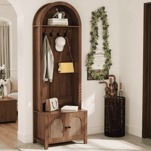 Oubayajia Modern Farmhouse Hall Tree, 70.9" Narrow Arch Coat Rack  for Hallway, Entryway, Mud Room, Walnut