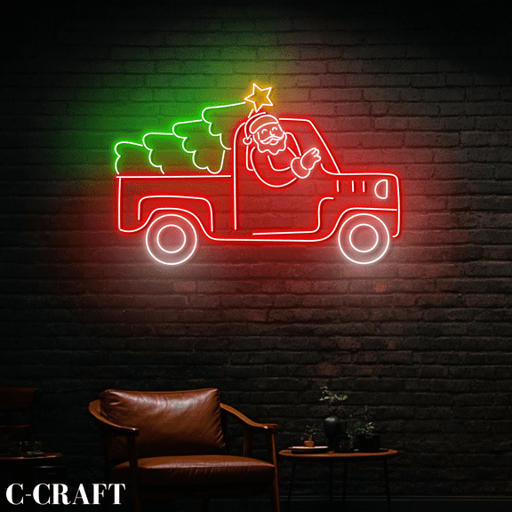 C-CRAFT Santa Driving Truck Christmas Wall Art Led Light Neon Sign For Christmas Home Decor
