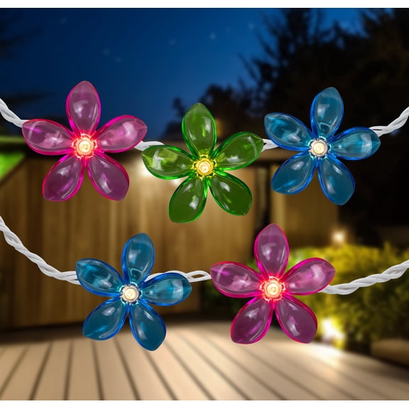 Northlight Flowers Indoor Outdoor Patio Light Set - Multicolor - 9' White Wire - 10ct