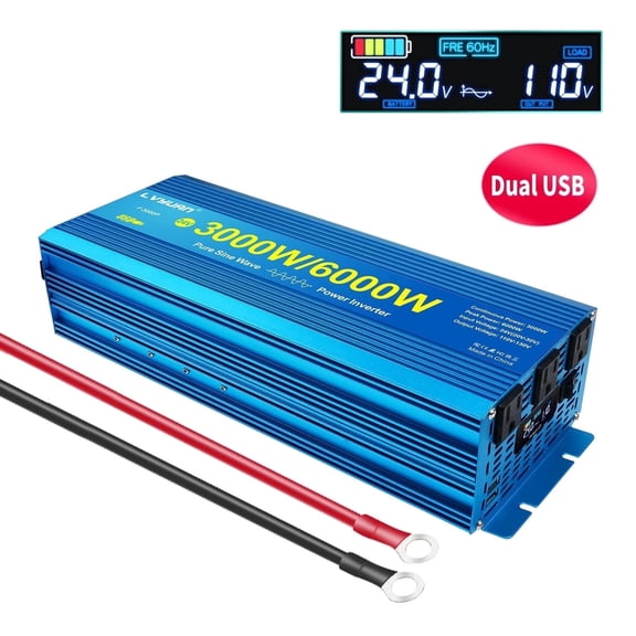 LVYUAN 3000W 6000W Surge Pure Sine Wave Power Inverter DC 24V to AC 110V Car Power Converter with 3 AC & 2 USB Ports, LCD Display, Battery Converter Charger for RV, Camping, Off-Grid, Home Backup