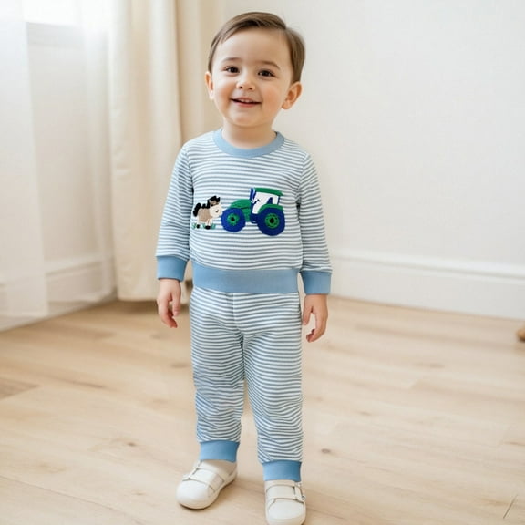 Baby Girl Knit Outfit Set Farm Animal Embroidery Long Sleeve Top with Striped Pants Two Piece Toddler Fall Clothing for Girls