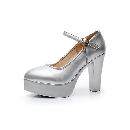 

Wazshop Mary Jane Shoes Women Heels Wedding Pumps with Ankle Strap Chunky Dress Shoes for Women Closed Round Toe Low Heel Shoes Silver 10CM 5.5