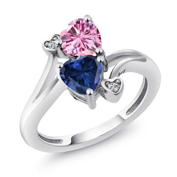 Gem Stone King 925 Sterling Silver Pink Moissanite Blue Created Sapphire and White Lab Grown Diamond Ring for Women (1.63 Cttw, Heart Shape 6MM, Gemstone Birthstone, Size 5)