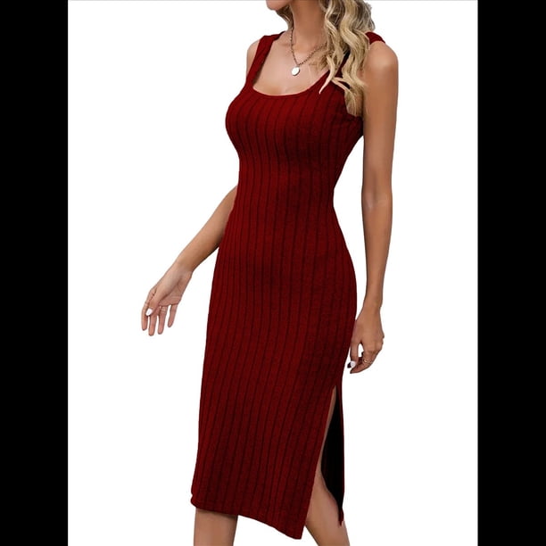 Vestido de Verano para Mujer, Informal, Sin Mangas, Cuello Cuadrado, Ajustado, con Abertura Lateral, Midi, Acanalado. Vino Tinto S