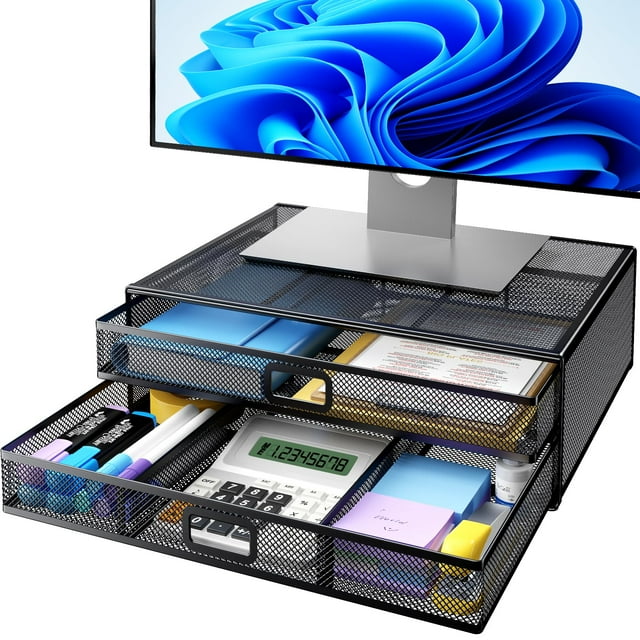Soporte para monitor HUANUO, elevador metálico de 2 niveles con cajón, 33 libras