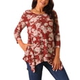 thumbnail image 4 of Tops de túnica floral con cuello redondo y mangas 3/4 de INSPIRE CHIC en rojo vino XL, 4 of 5