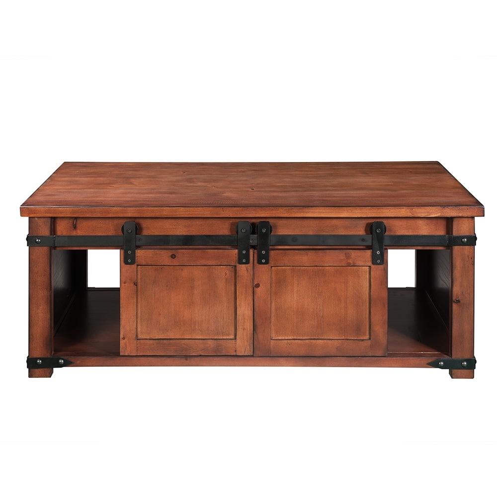 Kepooman Rustic Farmhouse Coffee Table with Sliding Barn Doors and Storage Cabinets for Living Room - Brown Kepooman Rustic Farmhouse Coffee Table with Sliding Barn Doors and Storage Cabinets for Living Room - Brown