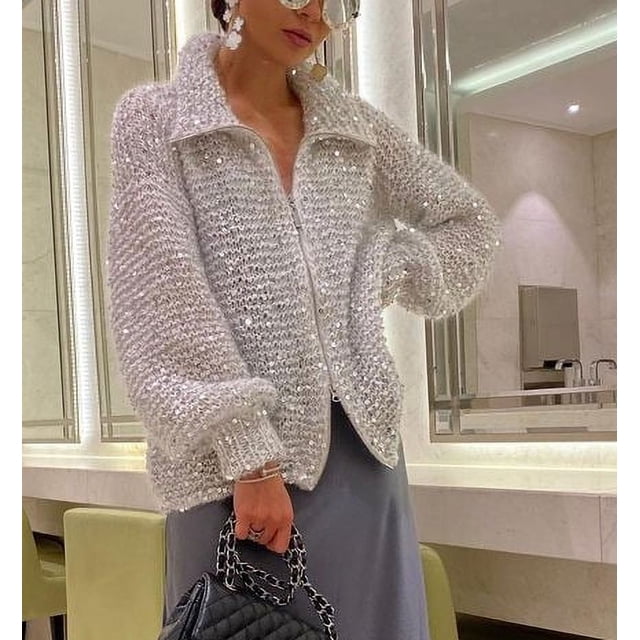 Chaqueta tipo suéter con cuello en V y lentejuelas estilo Chanel, holgada, de alta gama y elegante, para otoño e invierno, para mujer, con mangas largas