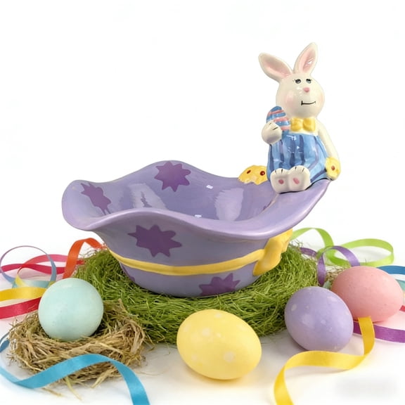 HuiXinOu Easter Ceramic Candy Bowl with Hat Rabbits, Decorative Serving Dish for Holiday Candy, Nuts, Snacks, Easter Party, Spring Home Table Decor