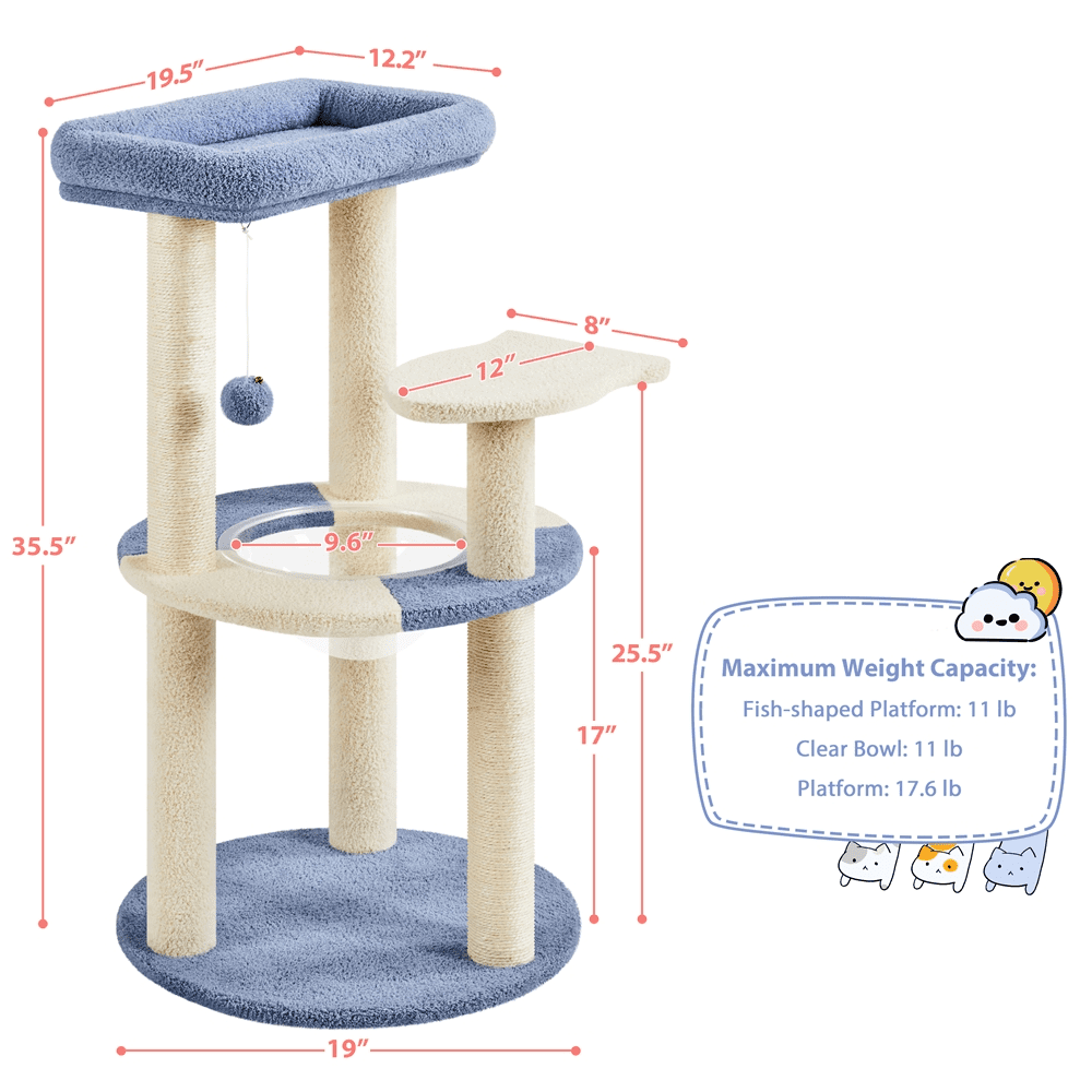 Alden Design 35.5″H Ocean Cat Tree with Padded Perch Natural Sisal for Kittens, Blue/Beige