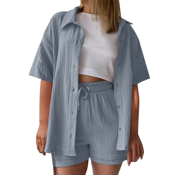 LEKODE Womens Linen Shorts Sets 2 Piece Summer Short Sleeve Top and Shorts Cotton Vacation Outfits Gray 3XL