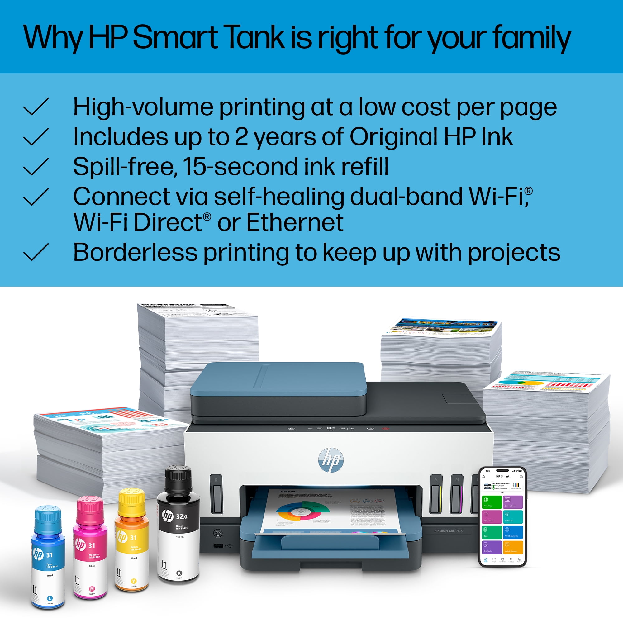 HP Smart Tank 7602 Wireless All-in-One Ink Tank Printer; with up to 2 years  of inkincluded - Micro Center