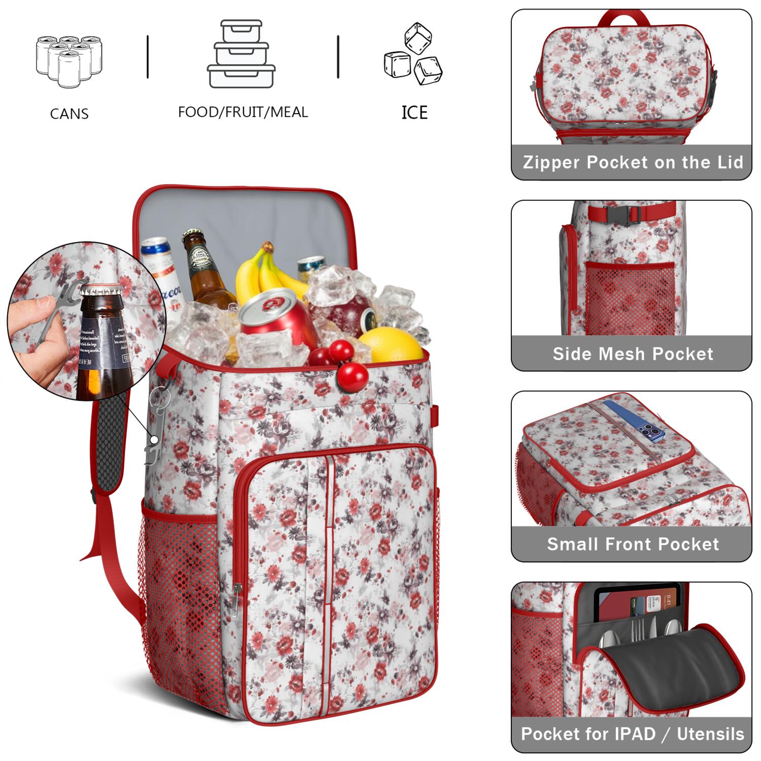 Travel Cooler Bag - Pioneer Flower Camping Beer Cooler Backpack with Bottle Opener- Waterproof Insulated Picnic Backpacks - Cooler Bag for Beach
