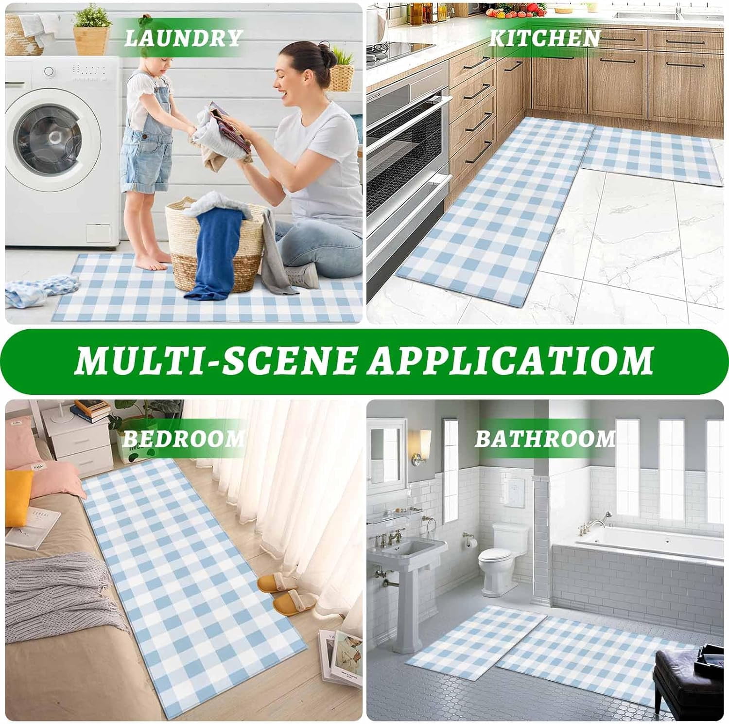 Easter Kitchen Rugs and Mats 2 Pieces Blue Buffalo Plaid Runner Rug Sets White Check Soft Comfort Standing Kitchen Mats for Floor Absorbent Area Rugs Carpet Farmhouse Cushioned Doormat Home Decor